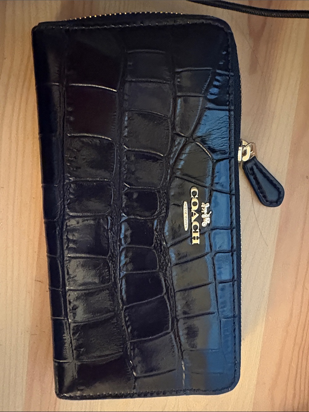 Coach Black Croc-Embossed Zip-Around Wallet with Gold Hardware